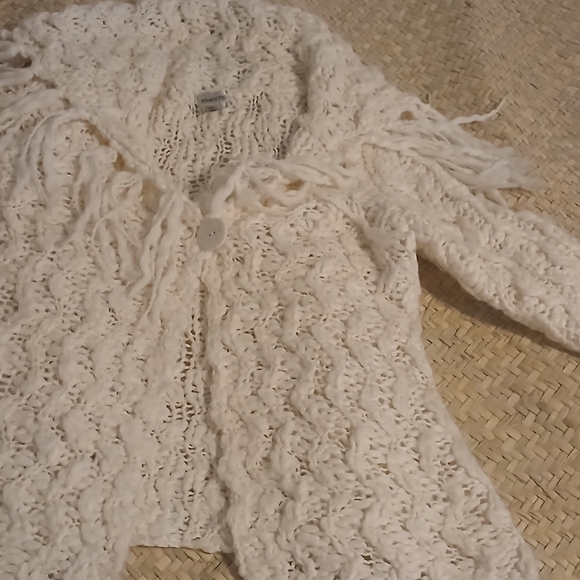 Chico's size 2, pre-owned,  pearl Women's Fringe Cardigan Sweaters Long Sleeve - Picture 9 of 9